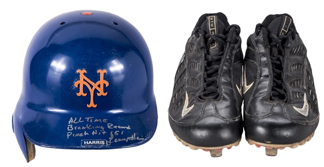 Lot of (2) Lenny Harris Game Used, Signed & Inscribed Batting Helmet & Nike Cleats Used For Breaking MLB Pinch Hits Record (JT Sports & Beckett)